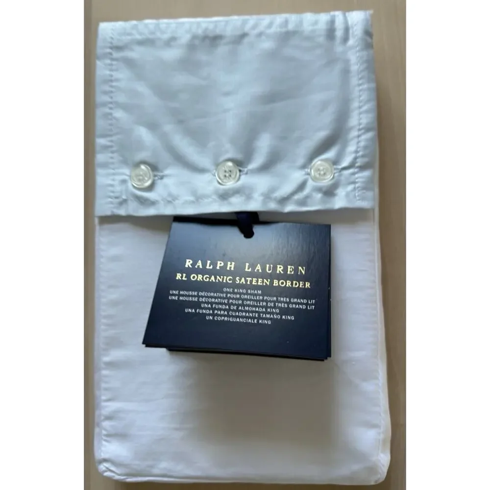 Ralph Lauren Palmer Percale‎ King Sham Organic Cotton Hyacinth Lt Blue Trim